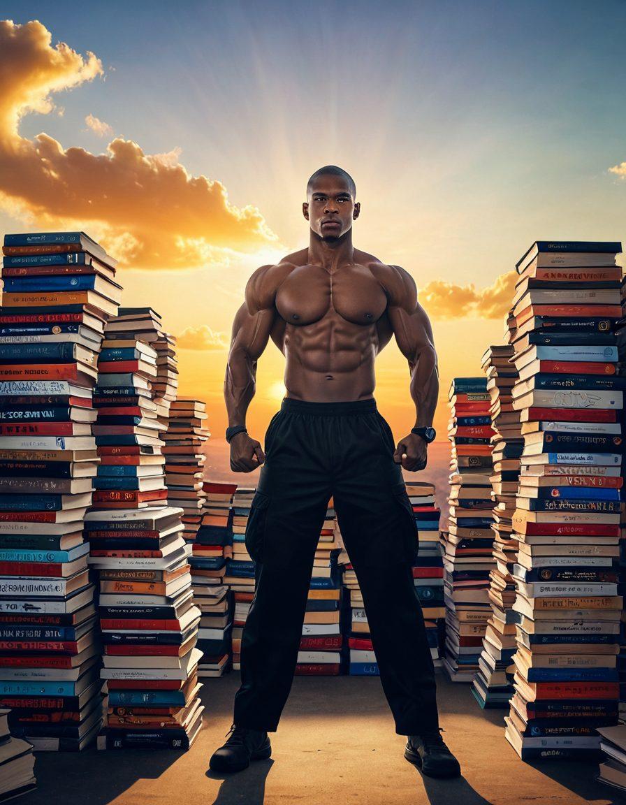 A confident person standing tall in a dynamic self-defense pose, surrounded by diverse gun training equipment and books that symbolize knowledge. The background features a bright sun rising, representing empowerment and new beginnings. The image should evoke a sense of strength and readiness. realistic. vibrant colors. action-oriented composition.