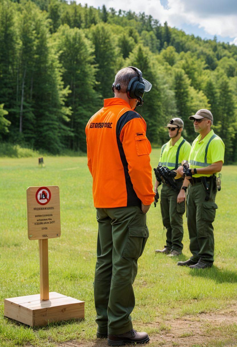 A serene outdoor shooting range scene showcasing diverse individuals practicing responsible firearm handling, each demonstrating proper etiquette. In the foreground, a safety officer is instructing newcomers, while a backdrop of lush greenery adds contrast. Emphasize essential firearm safety gear like ear protection and safety glasses, along with a few target boards in the distance, symbolizing focus and responsibility. vibrant colors. super-realistic. natural setting.