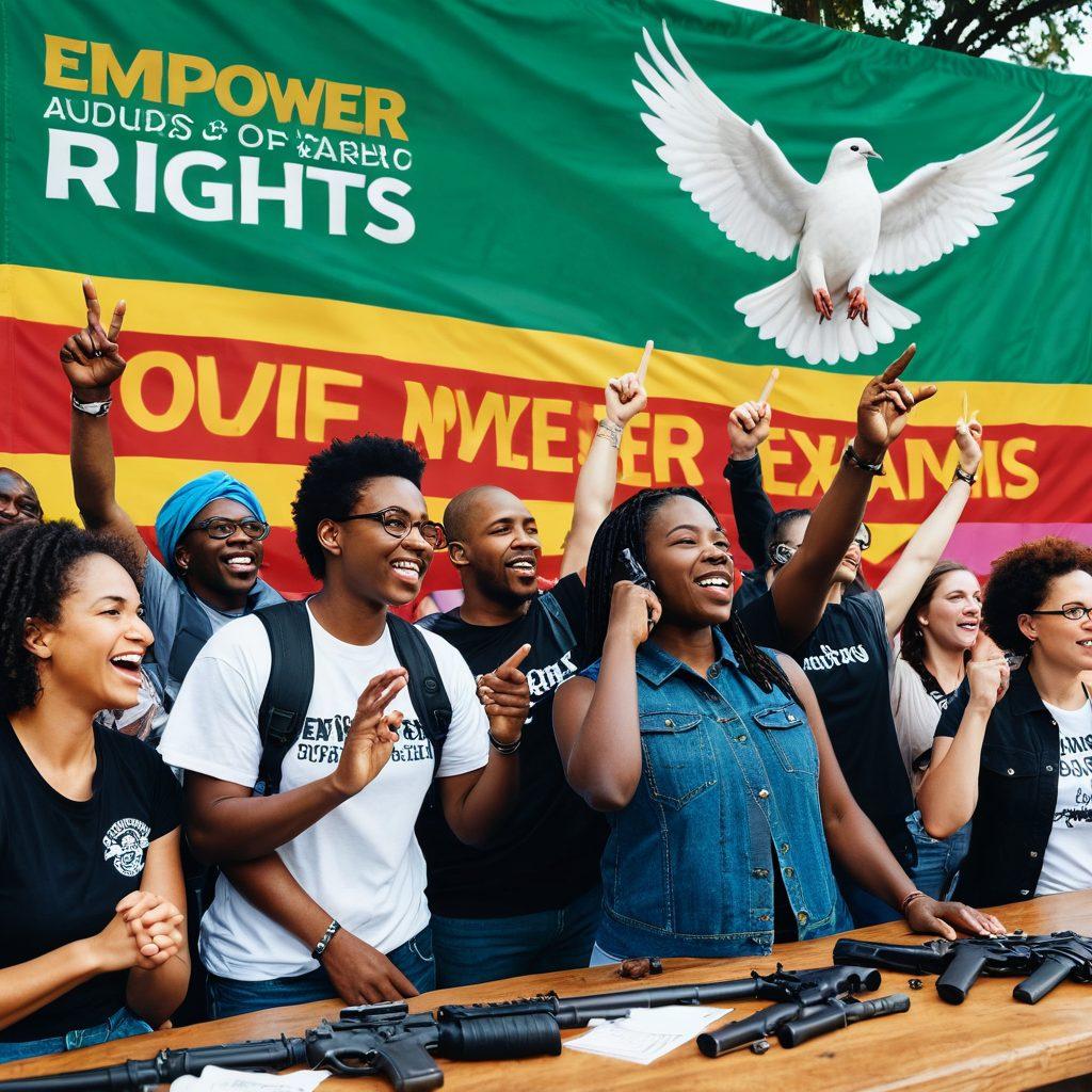 A diverse group of people passionately engaging in a lively discussion about gun rights and responsibilities, holding various types of firearms safely. In the background, a large banner reads 'Empower Your Rights' with symbols of freedom and unity. The setting is an outdoor community event with greenery and festive details, embodying empowerment and camaraderie. super-realistic. vibrant colors. outdoor setting.
